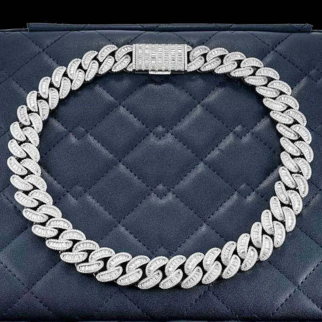Round and Cushion Moissanite Cuban Link Necklace in 14K White Gold Close Up Front View