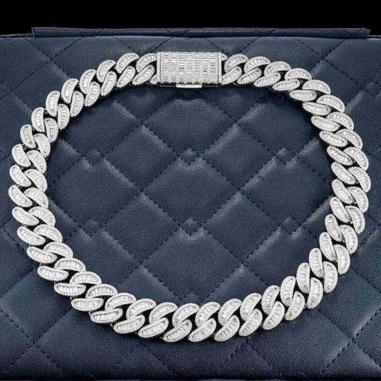 Round and Cushion Moissanite Cuban Link Necklace in 14K White Gold Close Up Front View