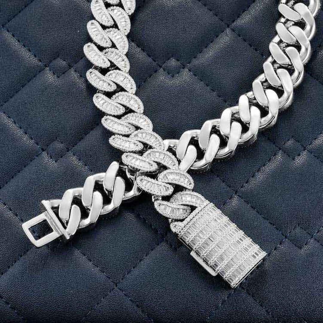 Round and Cushion Moissanite Cuban Link Necklace in 14K White Gold Detailed Close Up View