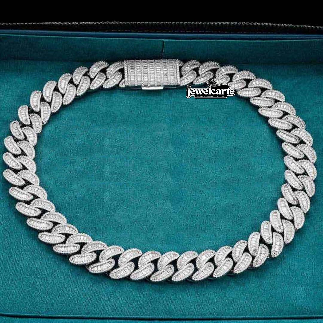 Round and Cushion Moissanite Cuban Link Necklace in 14K White Gold Front View