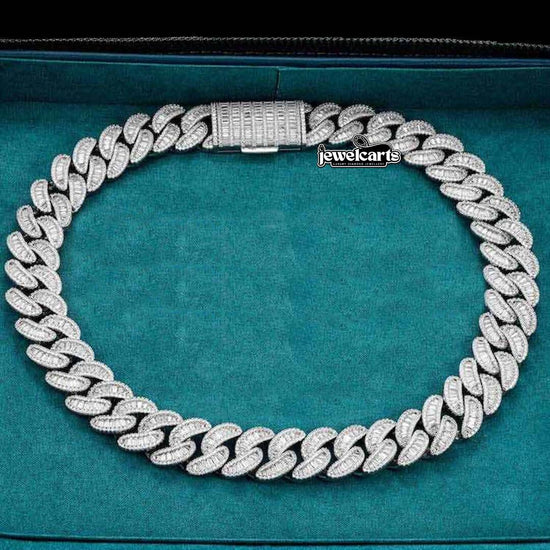 Round and Cushion Moissanite Cuban Link Necklace in 14K White Gold Front View