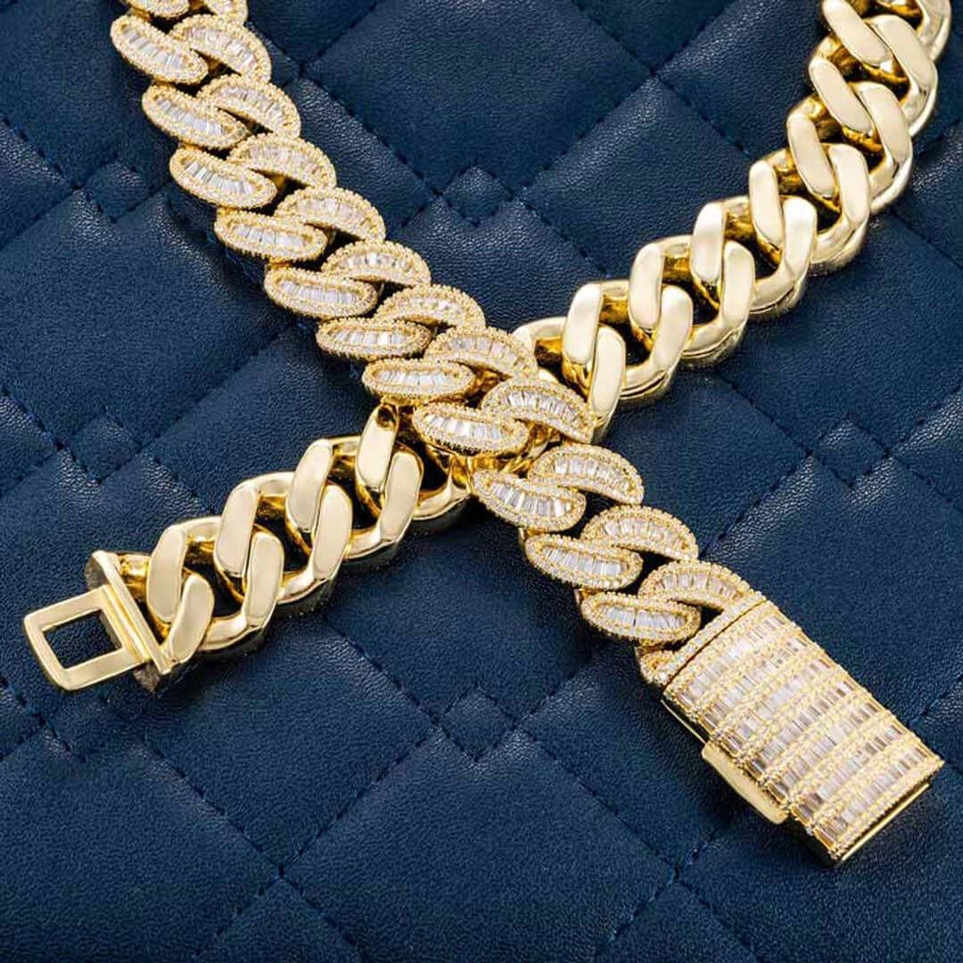 Round and Cushion Moissanite Cuban Link Necklace in 14K Yellow Gold Close Up Clasp View
