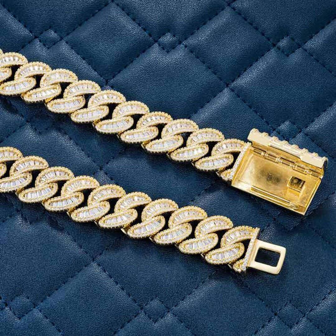 Round and Cushion Moissanite Cuban Link Necklace in 14K Yellow Gold Detailed Close Up View