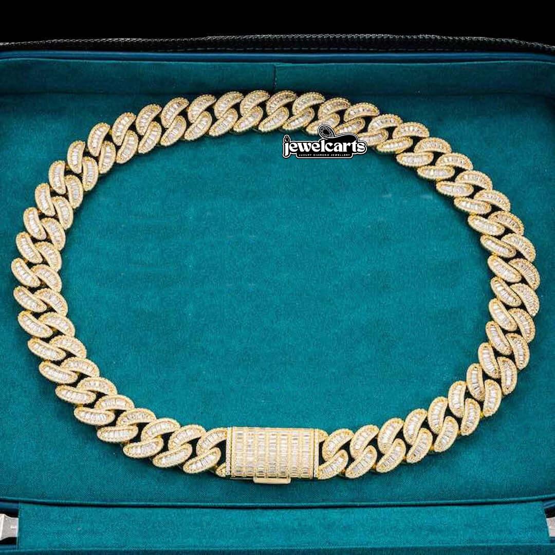 Round and Cushion Moissanite Cuban Link Necklace in 14K Yellow Gold Front View