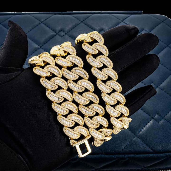 Round and Cushion Moissanite Cuban Link Necklace in 14K Yellow Gold On Hand View