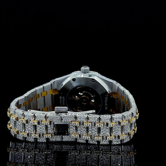 Royal Oak AP Arabic Dial Two Tone Yellow Gold Iced Out Moissanite Watch Caseback View