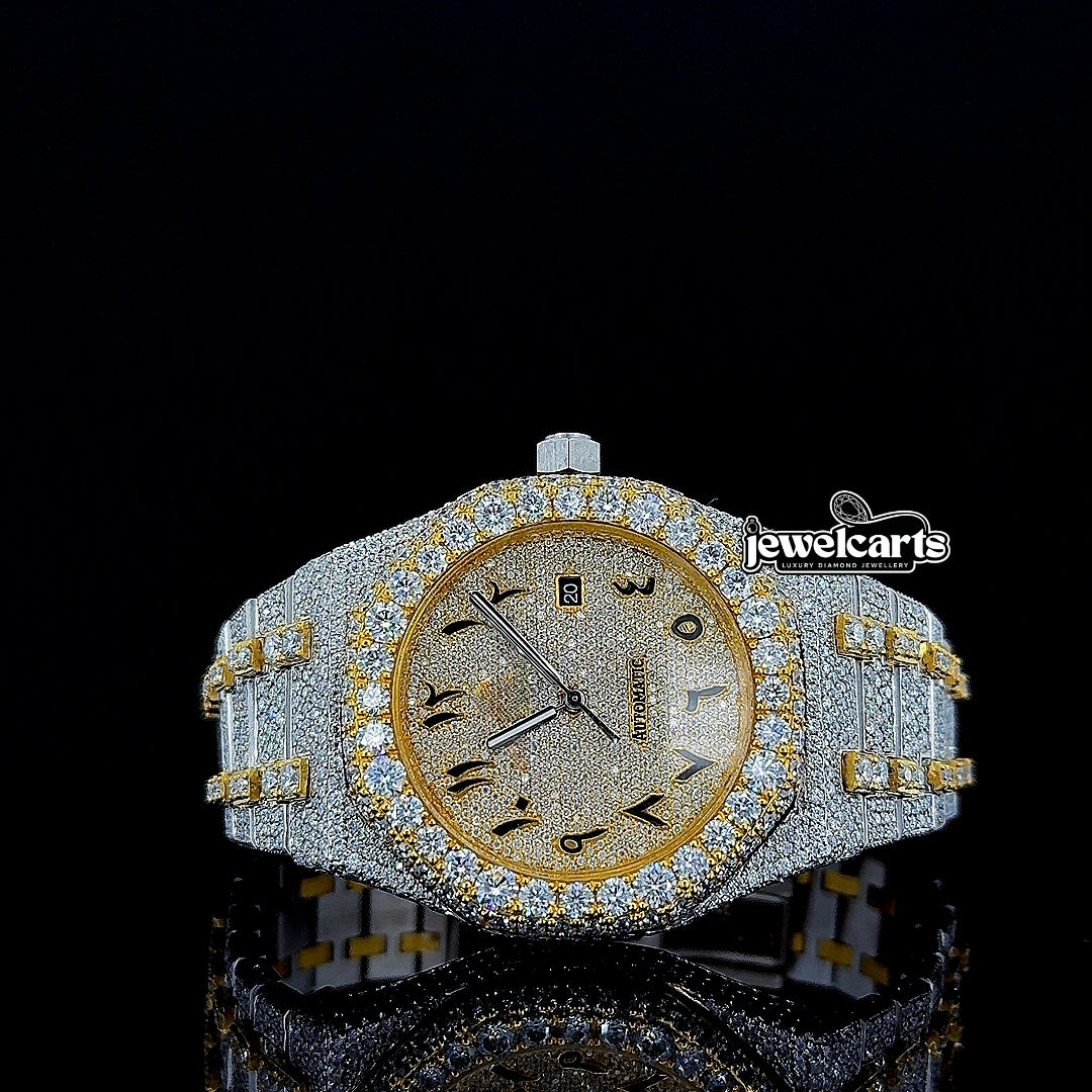 Royal Oak AP Arabic Dial Two Tone Yellow Gold Iced Out Moissanite Watch Front View
