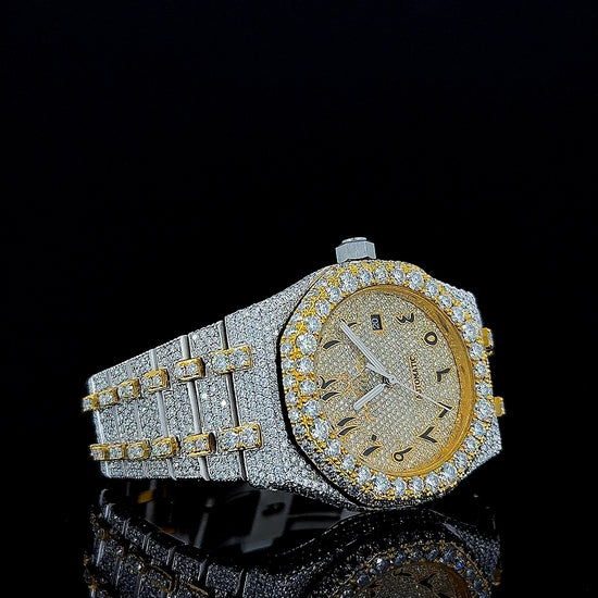 Royal Oak AP Arabic Dial Two Tone Yellow Gold Iced Out Moissanite Watch Right Profile View