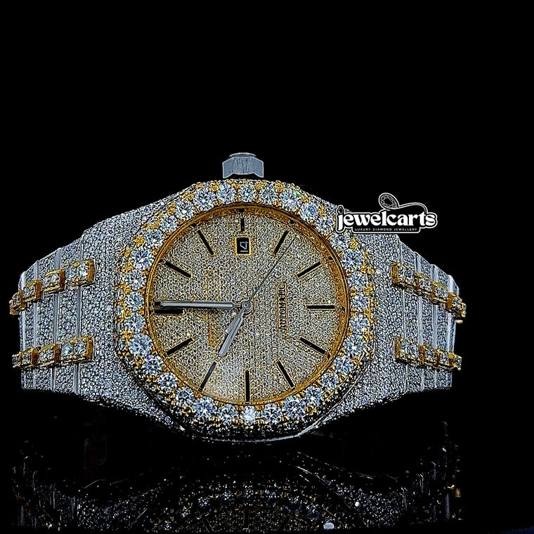 Royal Oak AP Black Stick Markers Dial Two Tone Yellow Gold Iced Out Moissanite Watch Front View