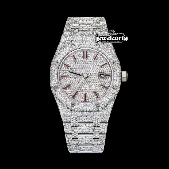Royal Oak AP Red Stick Markers Diamond Dial Fully Iced Out Moissanite Watch Front View