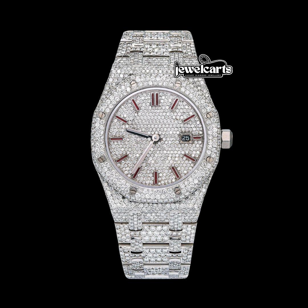 Royal Oak AP Red Stick Markers Diamond Dial Fully Iced Out Moissanite Watch Front View