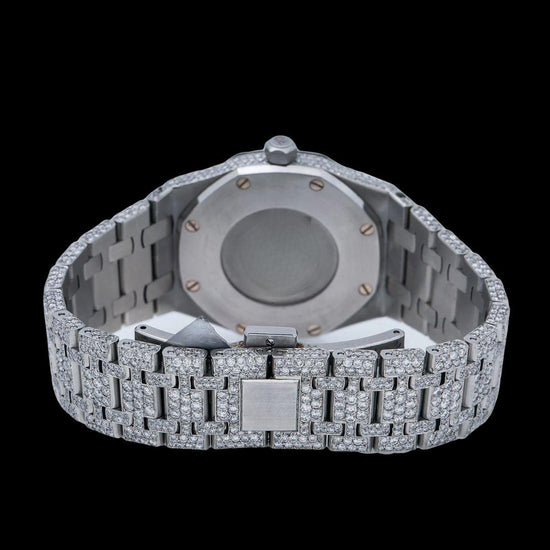 Royal Oak AP White Dial Stick Markers Fully Iced Out Moissanite Watch Caseback View