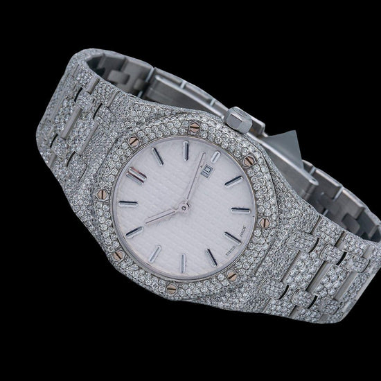 Royal Oak AP White Dial Stick Markers Fully Iced Out Moissanite Watch Close Up Front View