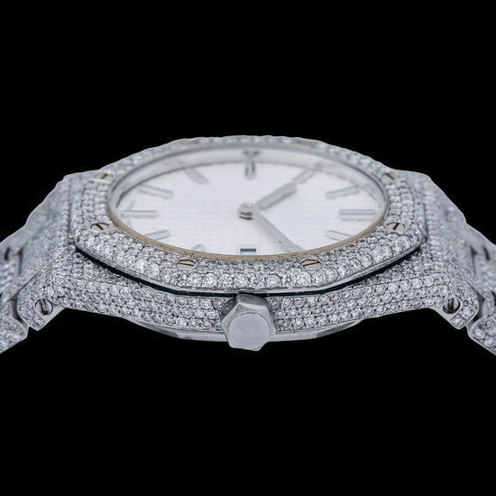 Royal Oak AP White Dial Stick Markers Fully Iced Out Moissanite Watch Crown View