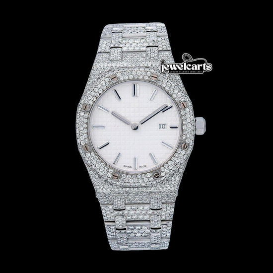 Royal Oak AP White Dial Stick Markers Fully Iced Out Moissanite Watch Front View