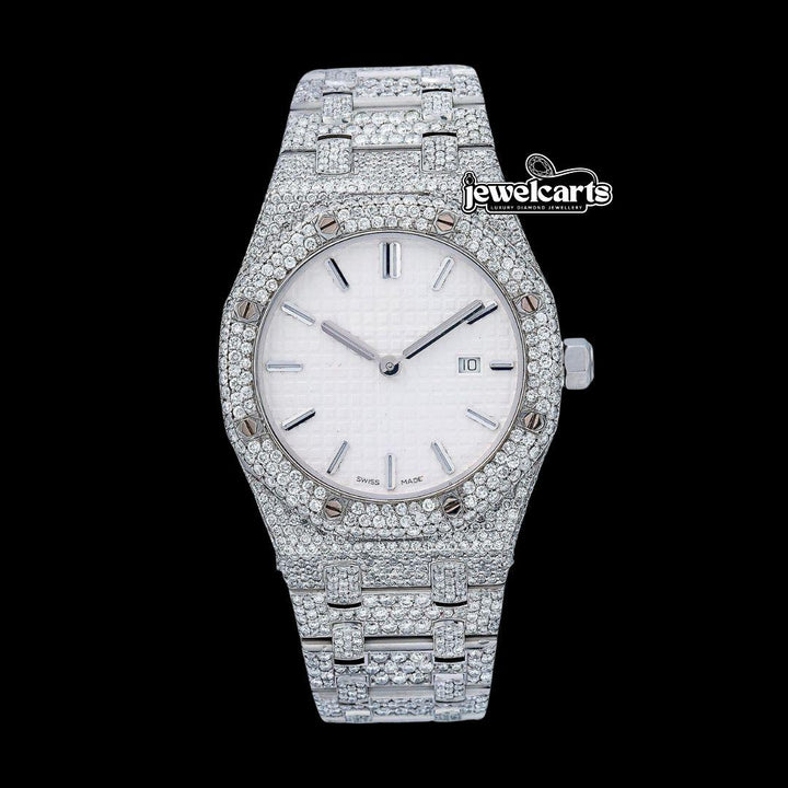 Royal Oak AP White Dial Stick Markers Fully Iced Out Moissanite Watch Front View