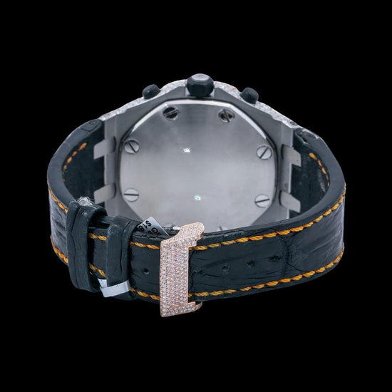 Royal Oak Offshore AP Black Chronograph Orange Numerals Dial Semi Iced Out Leather Strap Watch Caseback View