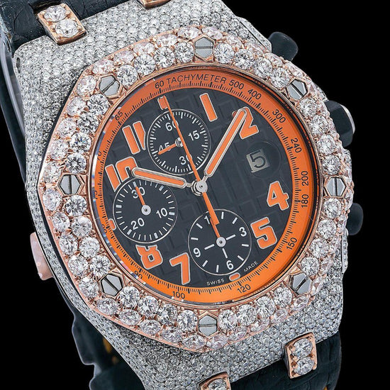 Royal Oak Offshore AP Black Chronograph Orange Numerals Dial Semi Iced Out Leather Strap Watch Close Up Dial View