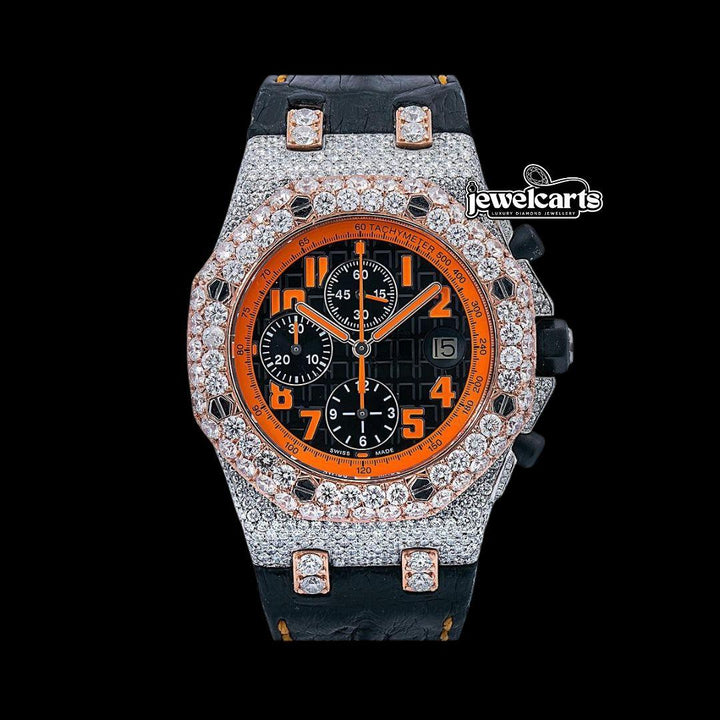Royal Oak Offshore AP Black Chronograph Orange Numerals Dial Semi Iced Out Leather Strap Watch Front View