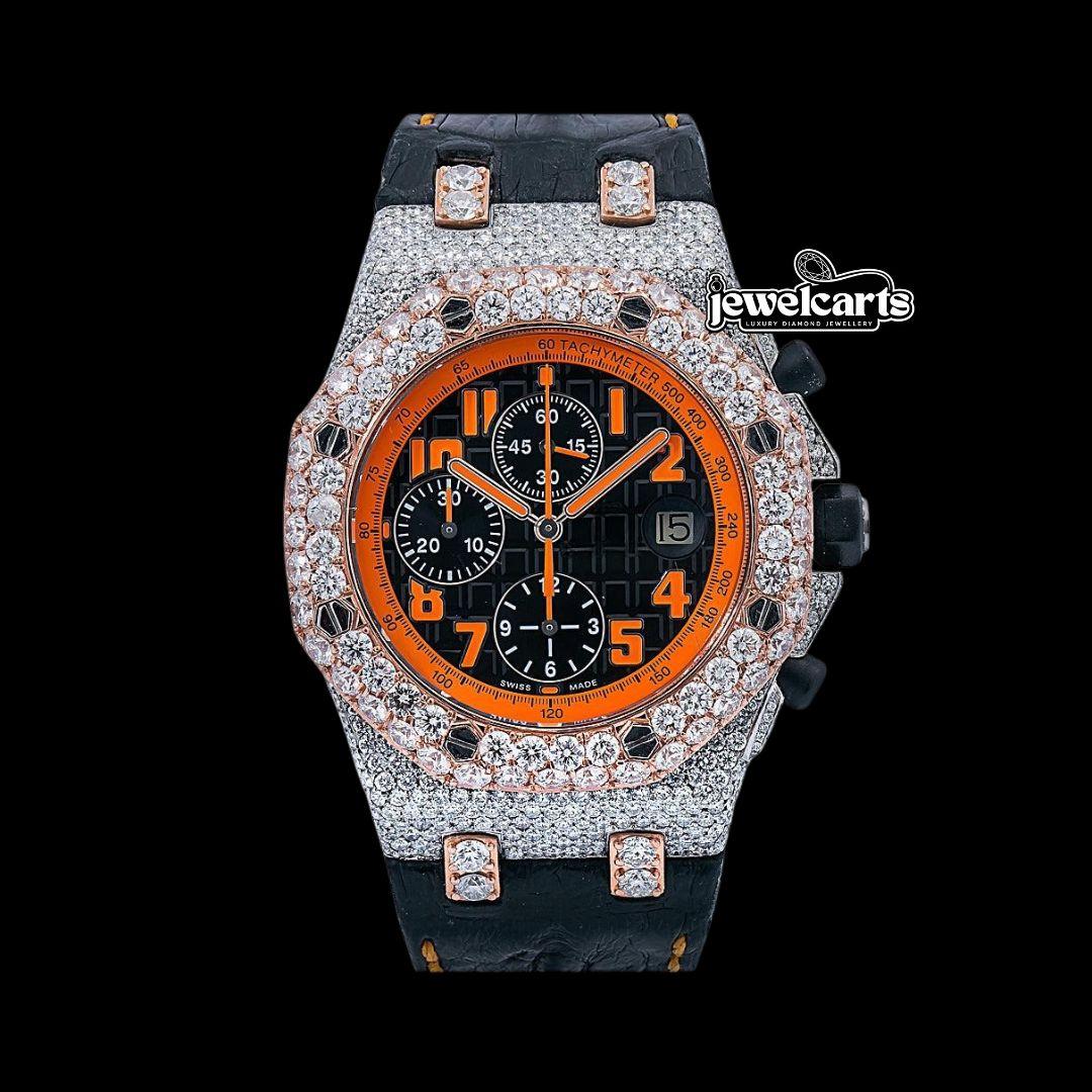 Royal Oak Offshore AP Black Chronograph Orange Numerals Dial Semi Iced Out Leather Strap Watch Front View