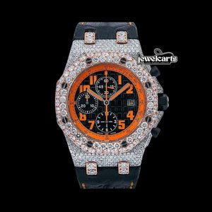 Royal Oak Offshore AP Black Chronograph Orange Numerals Dial Semi Iced Out Leather Strap Watch Front View
