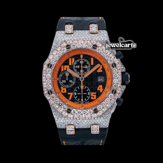 Royal Oak Offshore AP Black Chronograph Orange Numerals Dial Semi Iced Out Leather Strap Watch Front View
