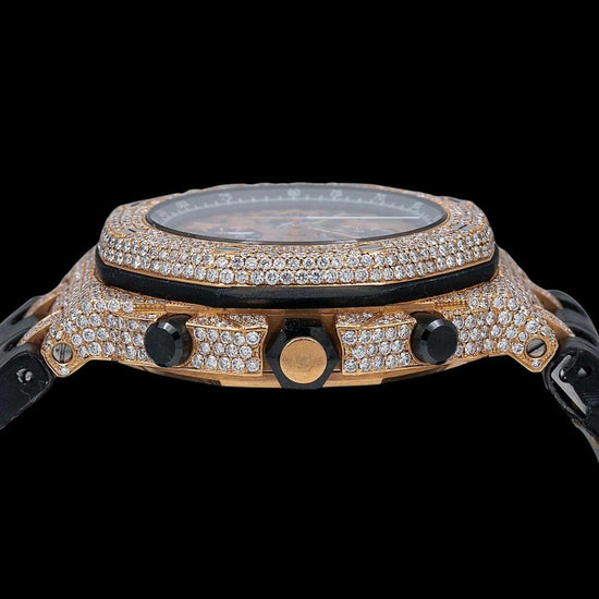 Royal Oak Offshore AP Champagne Chronograph Dial Semi Iced Out Leather Strap Watch Crown View