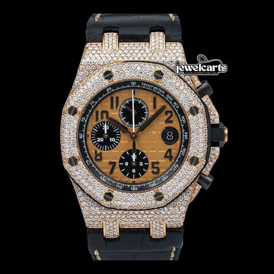 Royal Oak Offshore AP Champagne Chronograph Dial Semi Iced Out Leather Strap Watch
