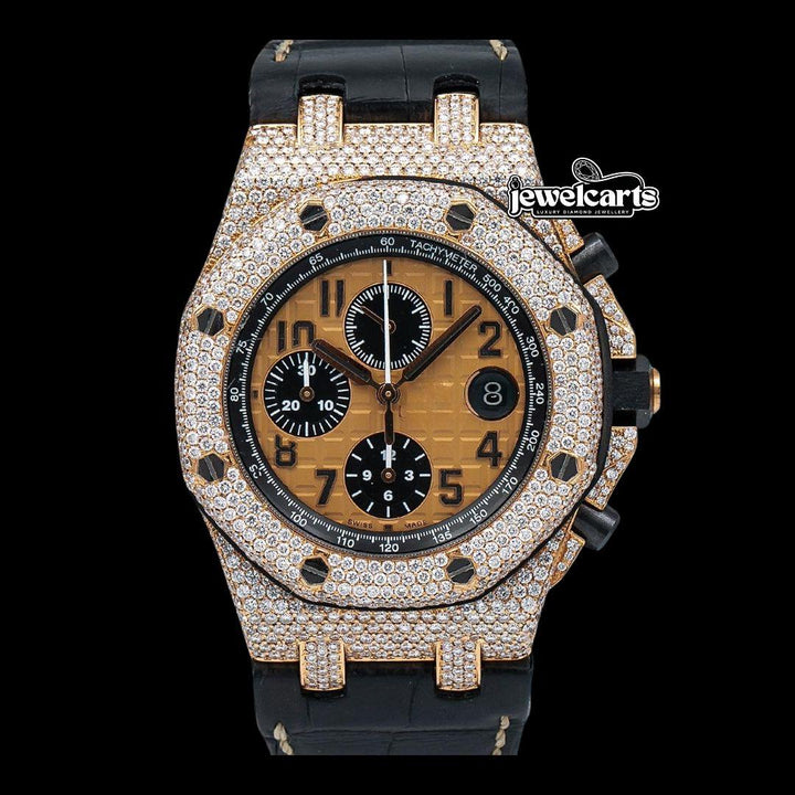 Royal Oak Offshore AP Champagne Chronograph Dial Semi Iced Out Leather Strap Watch Front View