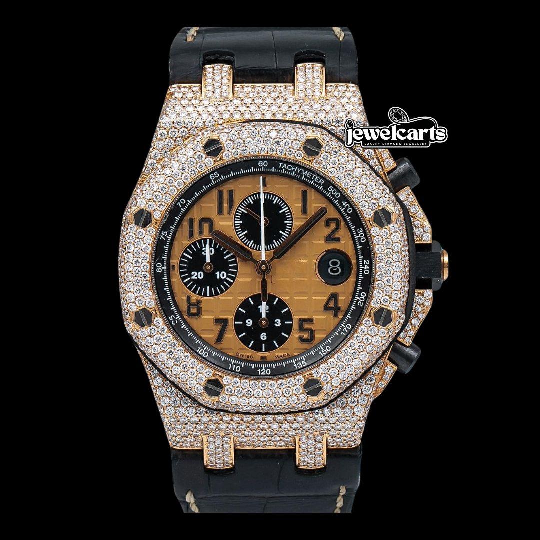 Royal Oak Offshore AP Champagne Chronograph Dial Semi Iced Out Leather Strap Watch Front View