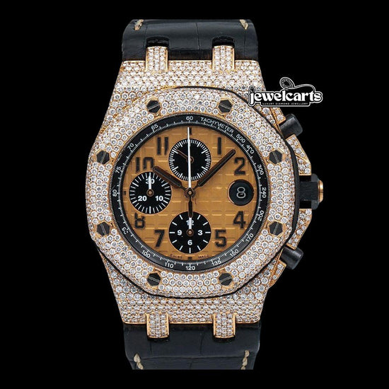 Royal Oak Offshore AP Champagne Chronograph Dial Semi Iced Out Leather Strap Watch Front View