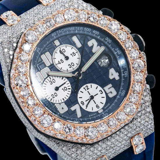 Royal Oak Offshore AP Chronograph Blue Dial Blue Camo Rubber Strap Two Tone Semi Iced Out Watch Close Up Dial View