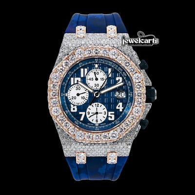 Royal Oak Offshore AP Chronograph Blue Dial Blue Camo Rubber Strap Two Tone Semi Iced Out Watch