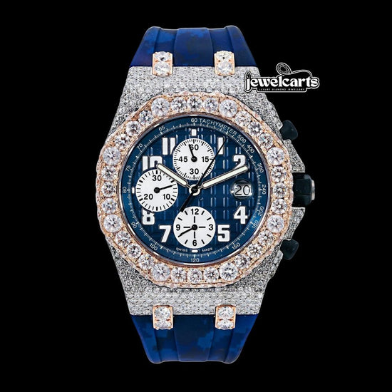 Royal Oak Offshore AP Chronograph Blue Dial Blue Camo Rubber Strap Two Tone Semi Iced Out Watch Front View