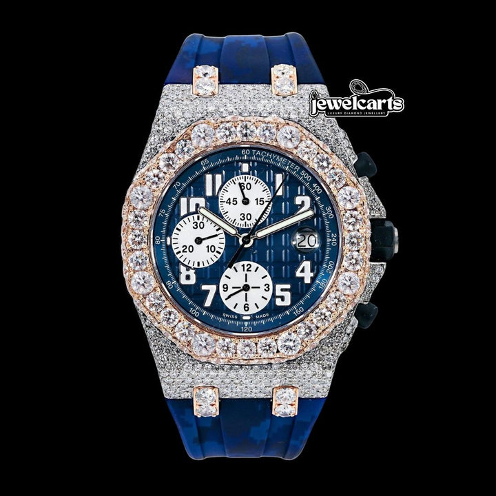 Royal Oak Offshore AP Chronograph Blue Dial Blue Camo Rubber Strap Two Tone Semi Iced Out Watch Front View