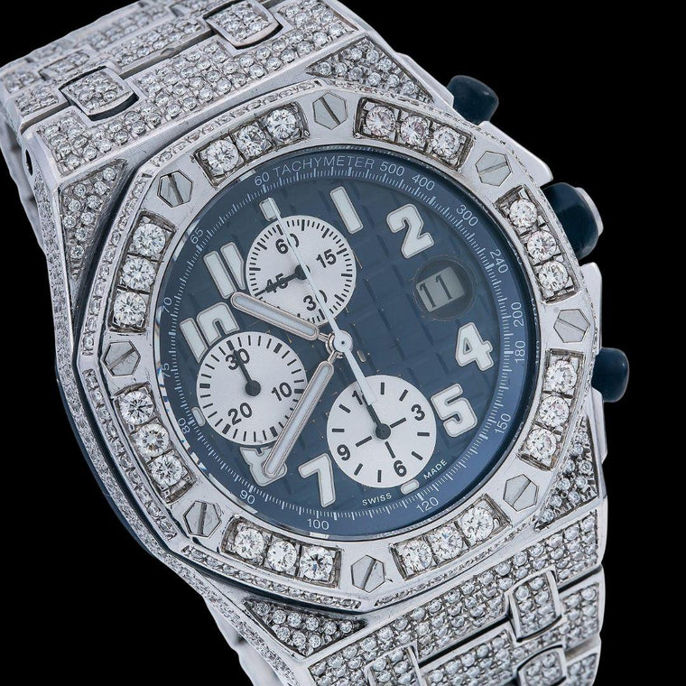 Royal Oak Offshore Chronograph Blue Dial Diamond Bezel Fully Iced Out Moissanite Watch Close Up Dial View