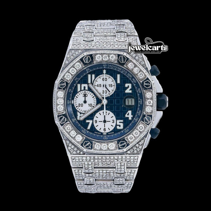 Royal Oak Offshore Chronograph Blue Dial Diamond Bezel Fully Iced Out Moissanite Watch Front View