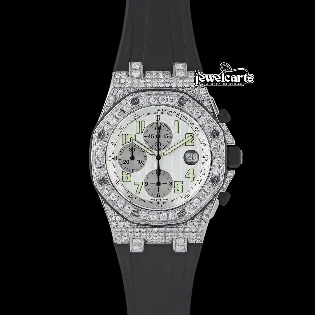Royal Oak Offshore White Chronograph Dial Semi Iced Out Black Rubber Strap Watch Front View