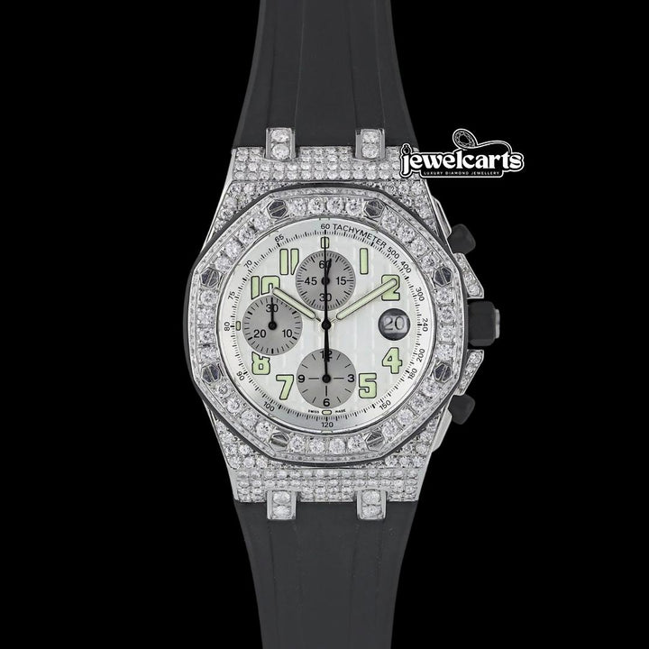 Royal Oak Offshore White Chronograph Dial Semi Iced Out Black Rubber Strap Watch Front View