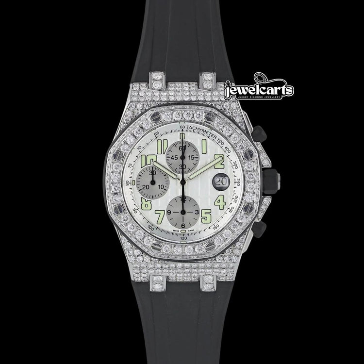 Royal Oak Offshore White Chronograph Dial Semi Iced Out Black Rubber Strap Watch Front View