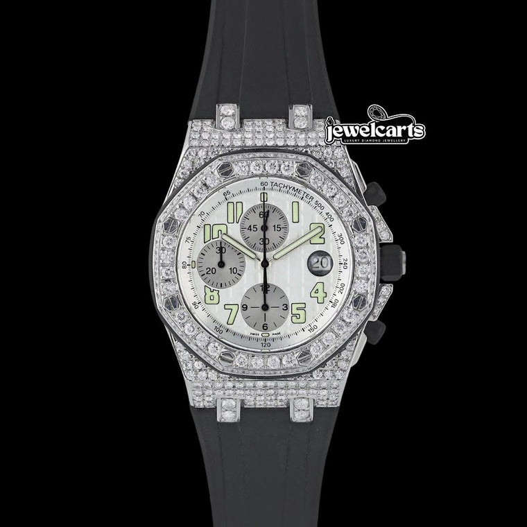Royal Oak Offshore White Chronograph Dial Semi Iced Out Black Rubber Strap Watch Front View
