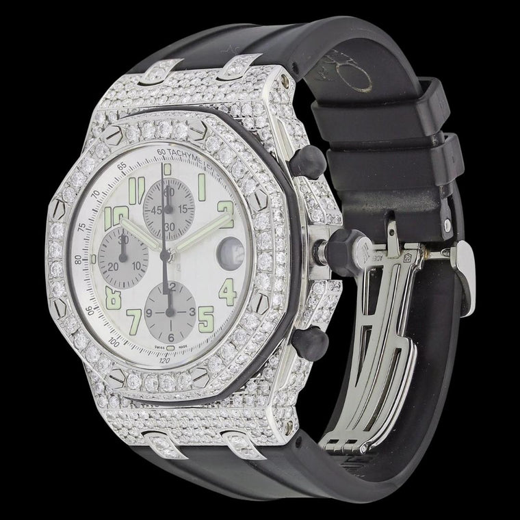 Royal Oak Offshore White Chronograph Dial Semi Iced Out Black Rubber Strap Watch Left Profile View