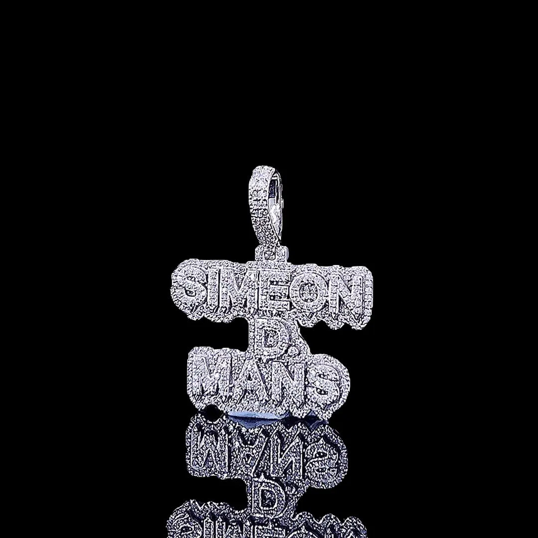 Simeon D-Mans Moissanite Script Pendant in 925 Sterling Silver Close Up Front View