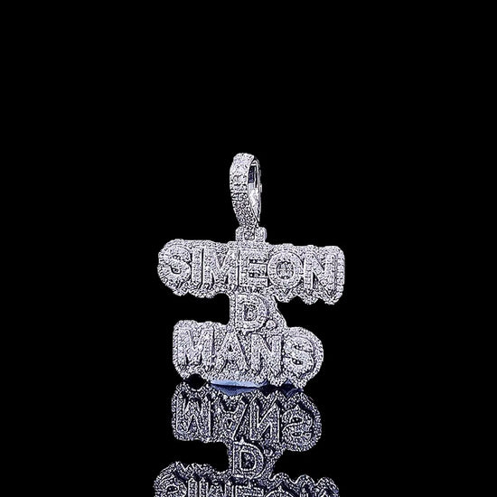 Simeon D-Mans Moissanite Script Pendant in 925 Sterling Silver Close Up Front View