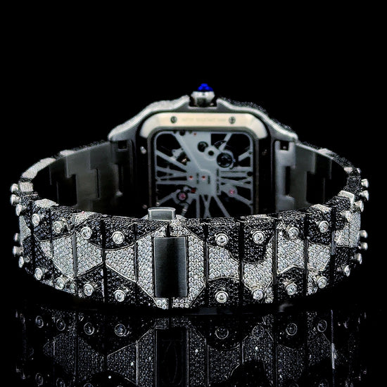 Skeleton Dial Cartier Two Tone Black Camo Iced Out Bracelet Moissanite Watch Caseback View