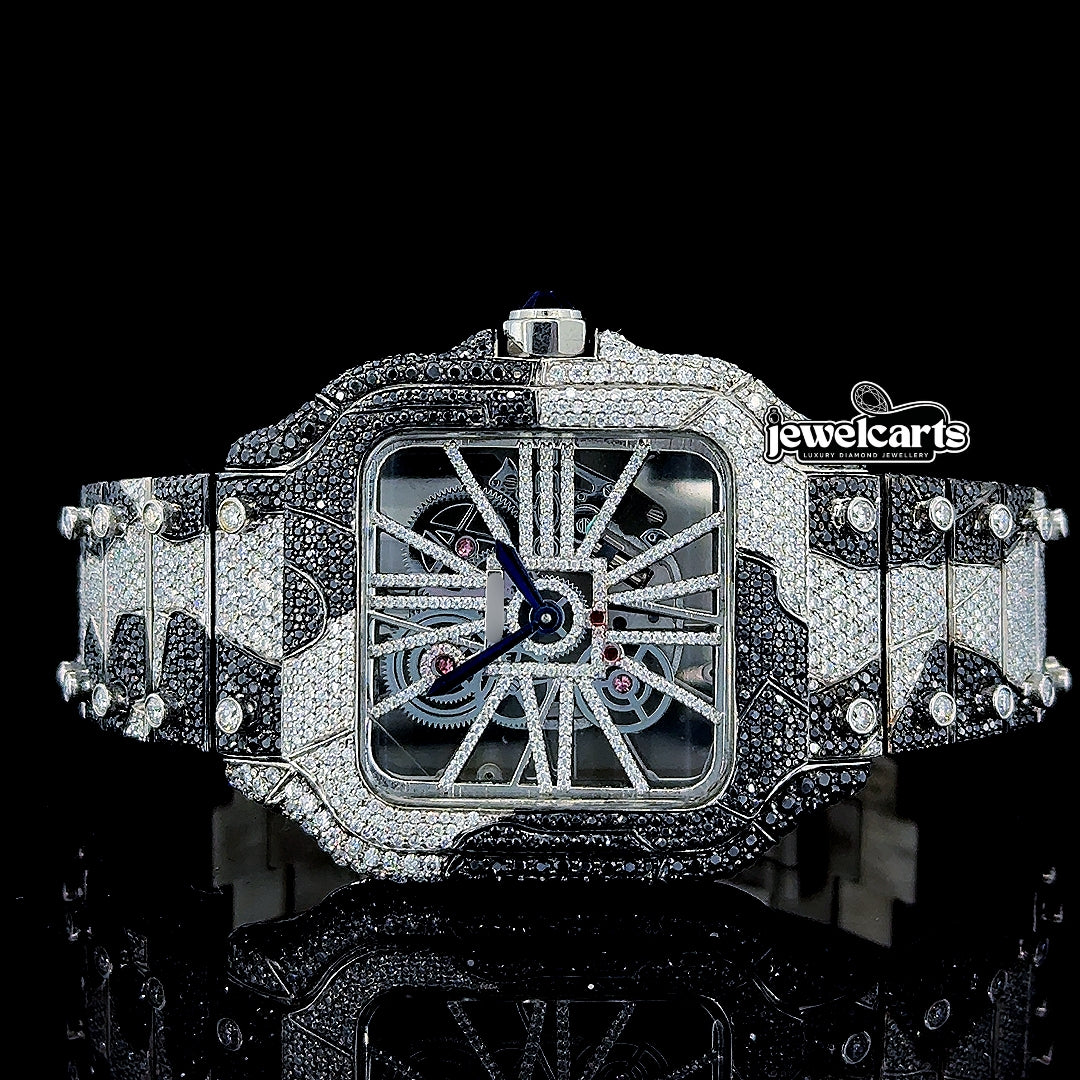 Skeleton Dial Cartier Two Tone Black Camo Iced Out Bracelet Moissanite Watch Front View