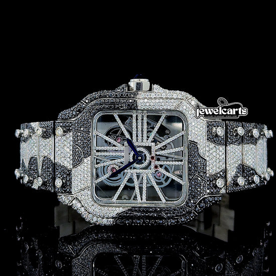 Skeleton Dial Cartier Two Tone Black Camo Iced Out Bracelet Moissanite Watch Front View