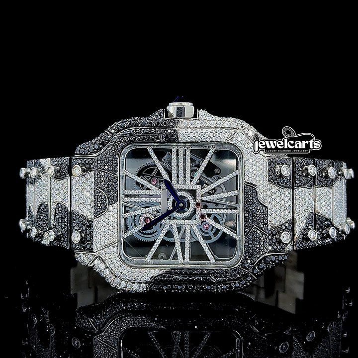 Skeleton Dial Cartier Two Tone Black Camo Iced Out Bracelet Moissanite Watch Front View