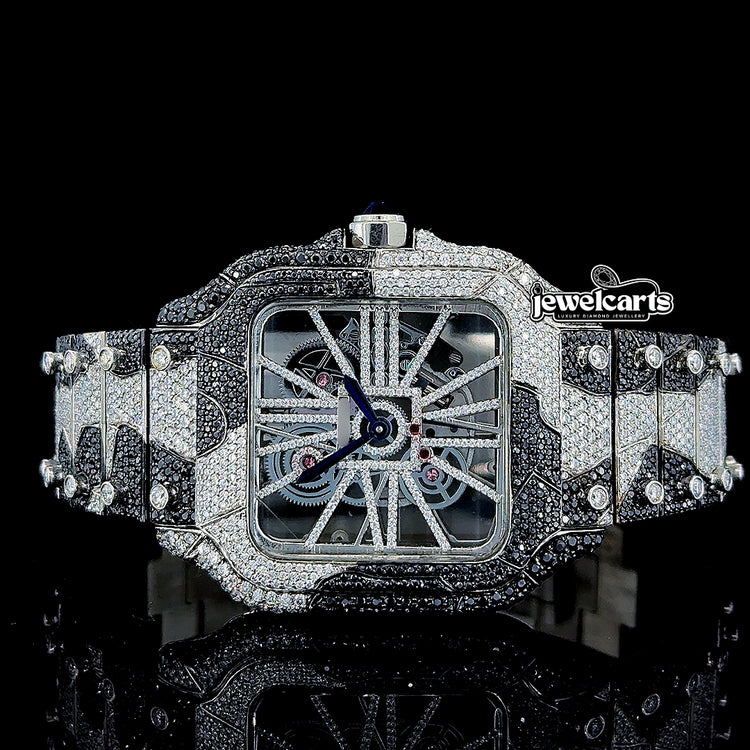 Skeleton Dial Cartier Two Tone Black Camo Iced Out Bracelet Moissanite Watch Front View