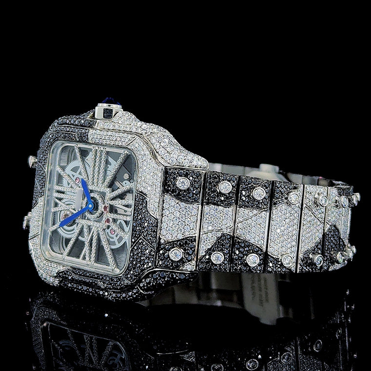 Skeleton Dial Cartier Two Tone Black Camo Iced Out Bracelet Moissanite Watch Left Profile View